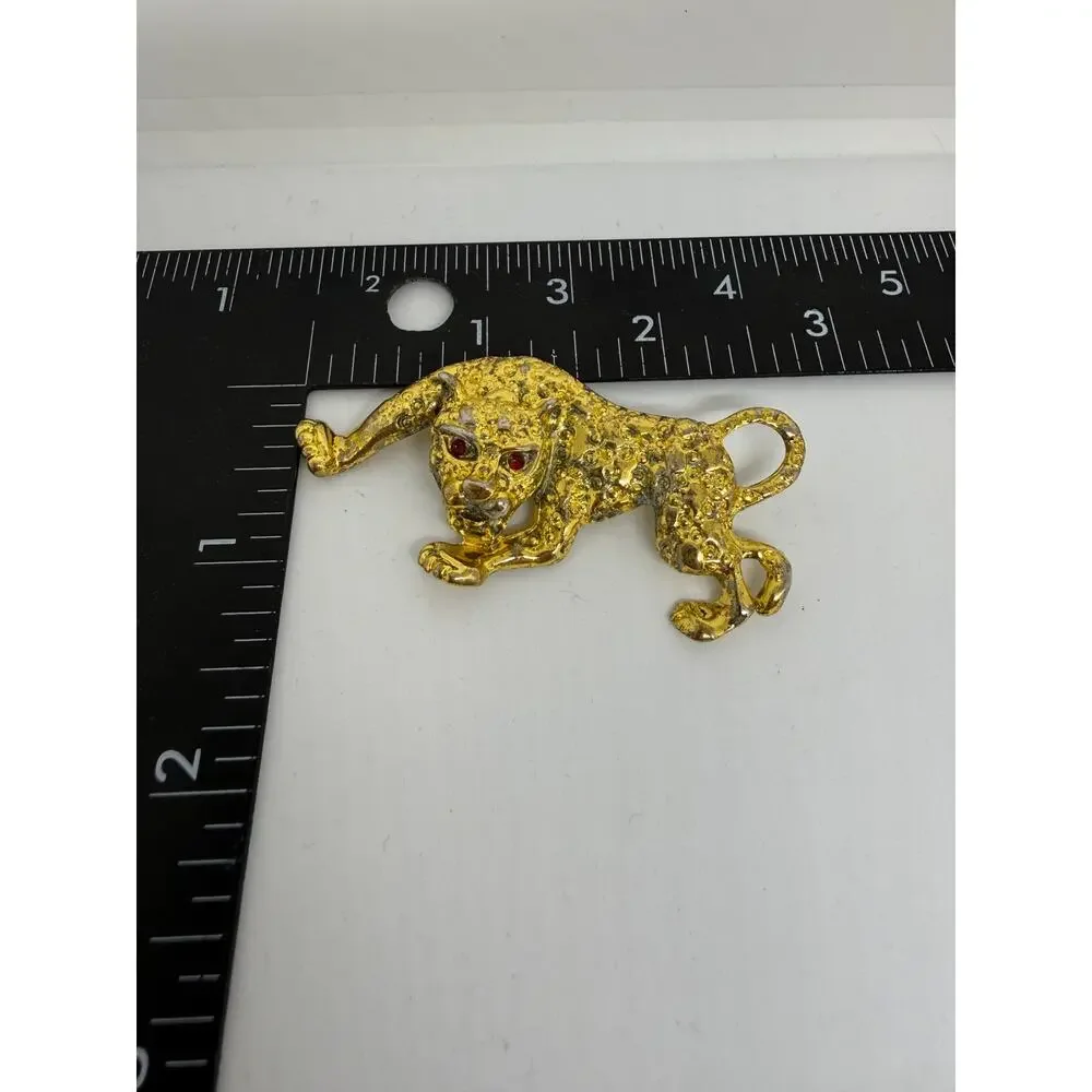 Tiger Leopard Brooch Gold Tone Red Eyes Figural Big Cat Safari Statement Jewelry